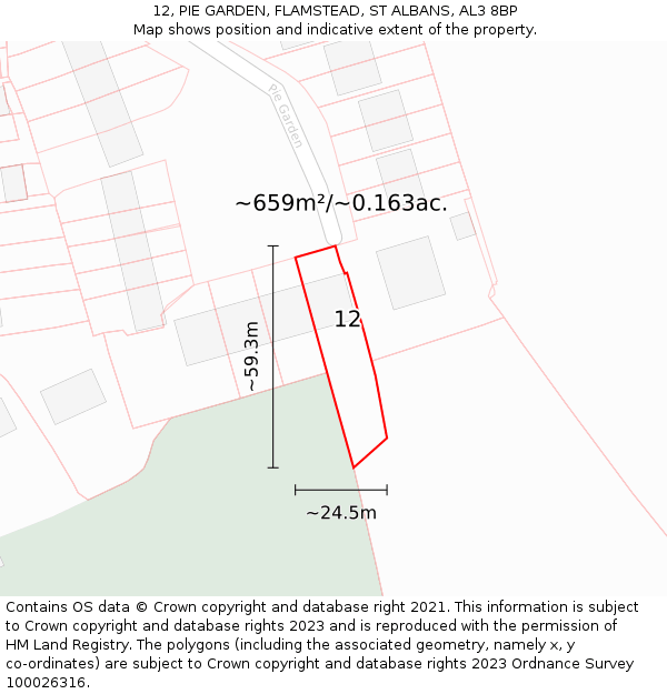 12, PIE GARDEN, FLAMSTEAD, ST ALBANS, AL3 8BP: Plot and title map