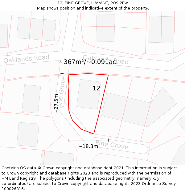 12, PINE GROVE, HAVANT, PO9 2RW: Plot and title map