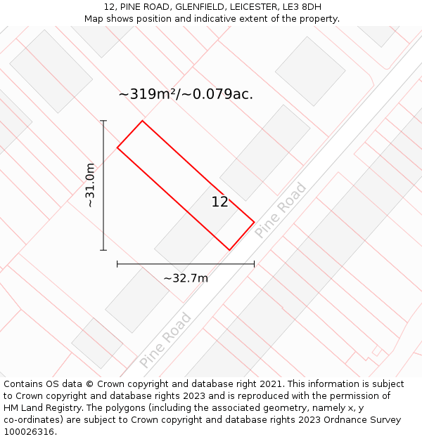 12, PINE ROAD, GLENFIELD, LEICESTER, LE3 8DH: Plot and title map