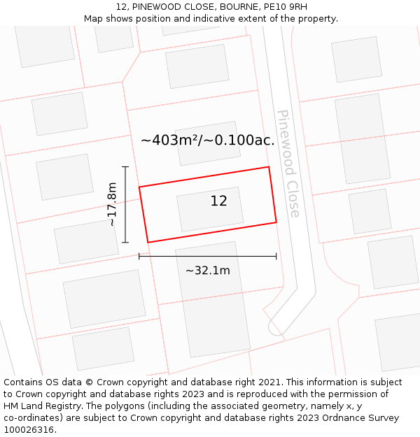 12, PINEWOOD CLOSE, BOURNE, PE10 9RH: Plot and title map