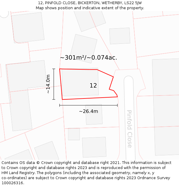 12, PINFOLD CLOSE, BICKERTON, WETHERBY, LS22 5JW: Plot and title map