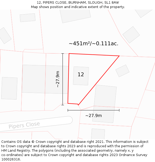 12, PIPERS CLOSE, BURNHAM, SLOUGH, SL1 8AW: Plot and title map