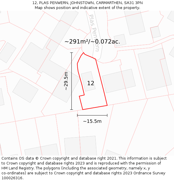 12, PLAS PENWERN, JOHNSTOWN, CARMARTHEN, SA31 3PN: Plot and title map