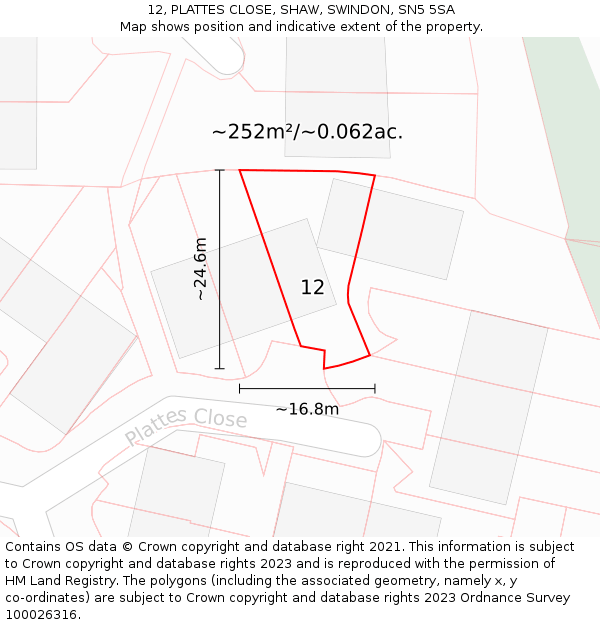 12, PLATTES CLOSE, SHAW, SWINDON, SN5 5SA: Plot and title map