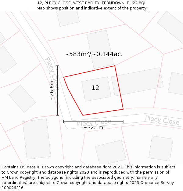 12, PLECY CLOSE, WEST PARLEY, FERNDOWN, BH22 8QL: Plot and title map