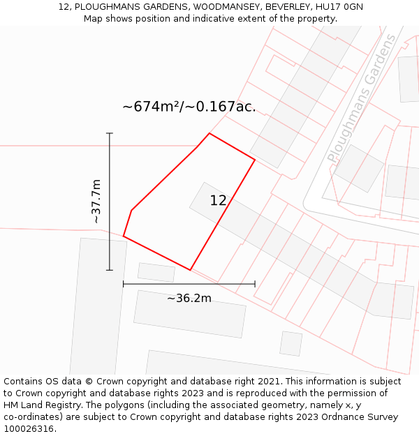 12, PLOUGHMANS GARDENS, WOODMANSEY, BEVERLEY, HU17 0GN: Plot and title map