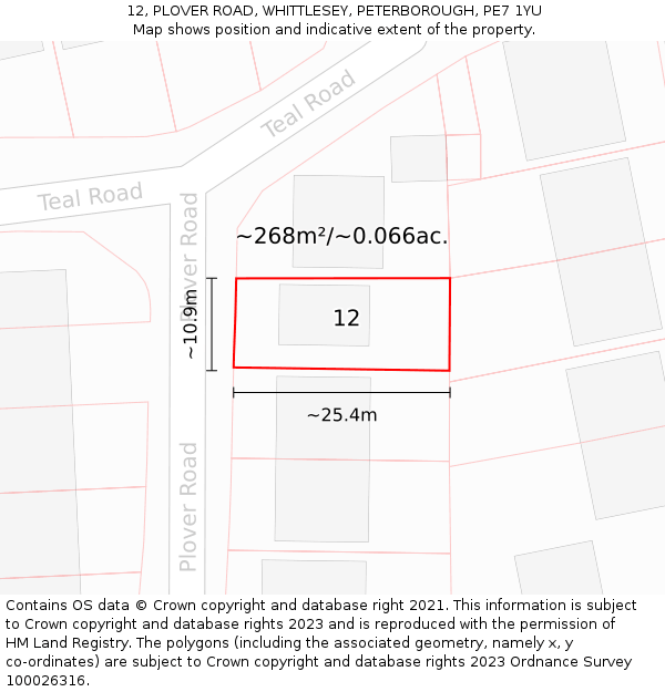 12, PLOVER ROAD, WHITTLESEY, PETERBOROUGH, PE7 1YU: Plot and title map