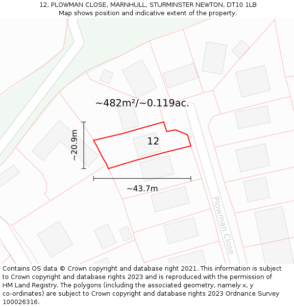 12, PLOWMAN CLOSE, MARNHULL, STURMINSTER NEWTON, DT10 1LB: Plot and title map