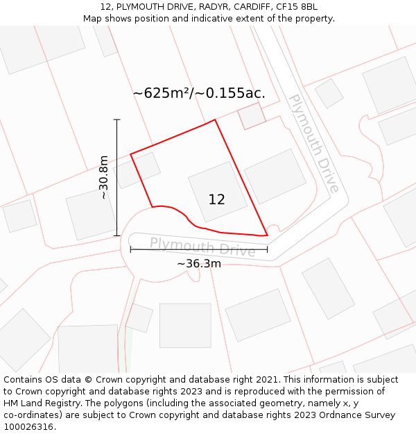 12, PLYMOUTH DRIVE, RADYR, CARDIFF, CF15 8BL: Plot and title map