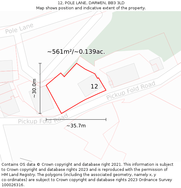 12, POLE LANE, DARWEN, BB3 3LD: Plot and title map