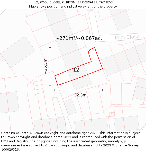 12, POOL CLOSE, PURITON, BRIDGWATER, TA7 8DG: Plot and title map