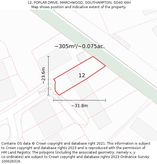 12, POPLAR DRIVE, MARCHWOOD, SOUTHAMPTON, SO40 4XH: Plot and title map