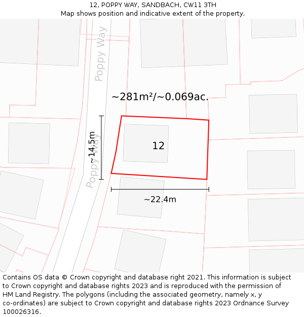 12, POPPY WAY, SANDBACH, CW11 3TH: Plot and title map