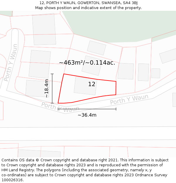 12, PORTH Y WAUN, GOWERTON, SWANSEA, SA4 3BJ: Plot and title map