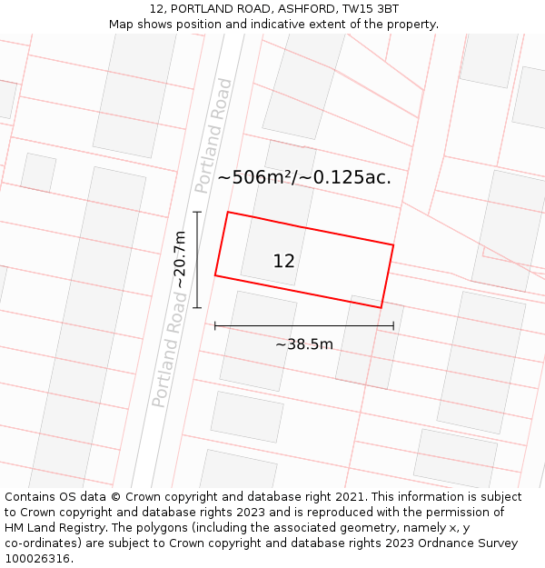 12, PORTLAND ROAD, ASHFORD, TW15 3BT: Plot and title map