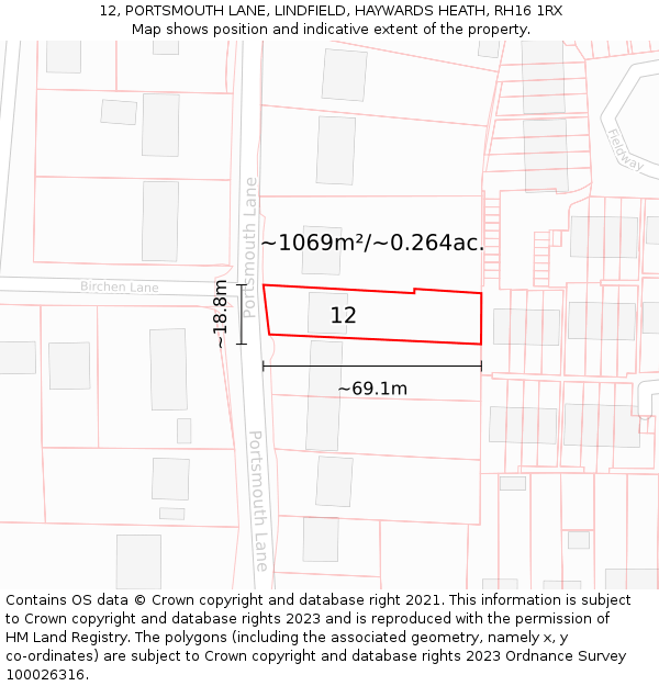 12, PORTSMOUTH LANE, LINDFIELD, HAYWARDS HEATH, RH16 1RX: Plot and title map