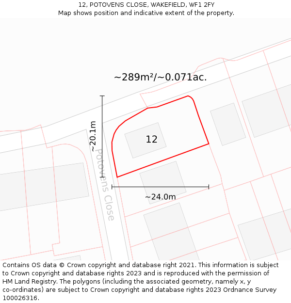 12, POTOVENS CLOSE, WAKEFIELD, WF1 2FY: Plot and title map