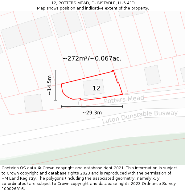 12, POTTERS MEAD, DUNSTABLE, LU5 4FD: Plot and title map