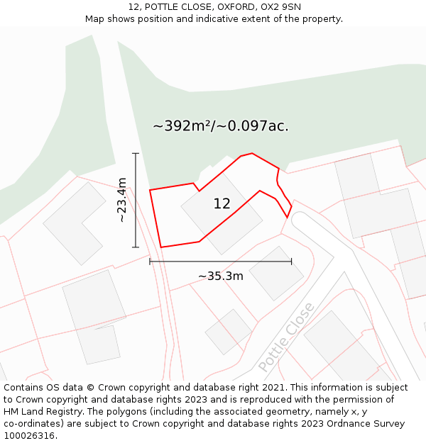 12, POTTLE CLOSE, OXFORD, OX2 9SN: Plot and title map