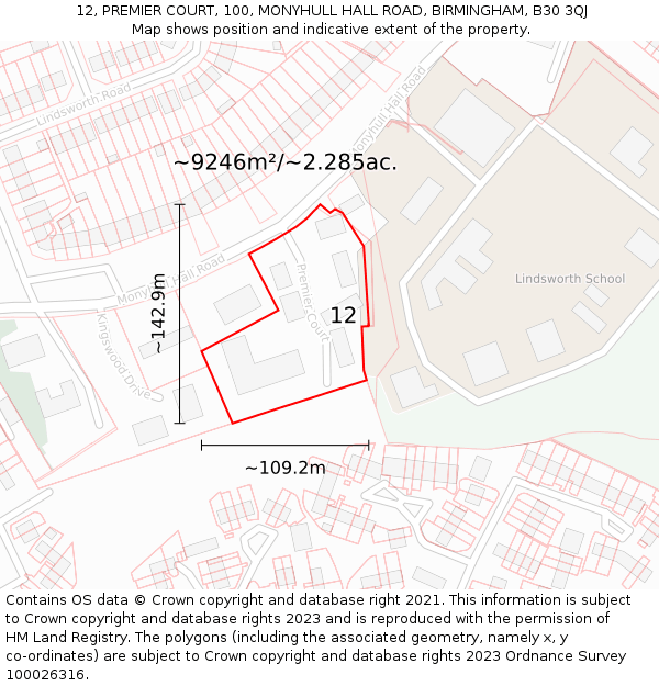 12, PREMIER COURT, 100, MONYHULL HALL ROAD, BIRMINGHAM, B30 3QJ: Plot and title map