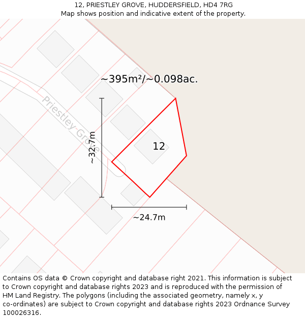 12, PRIESTLEY GROVE, HUDDERSFIELD, HD4 7RG: Plot and title map