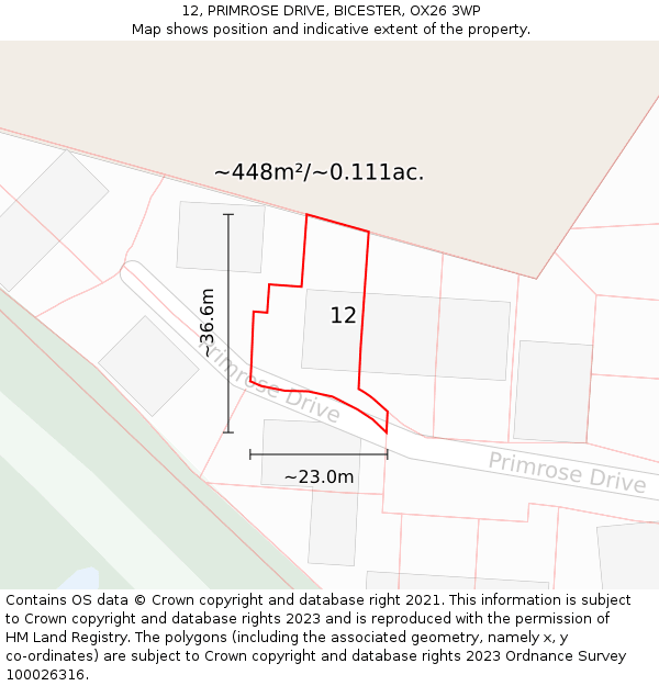 12, PRIMROSE DRIVE, BICESTER, OX26 3WP: Plot and title map