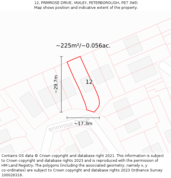 12, PRIMROSE DRIVE, YAXLEY, PETERBOROUGH, PE7 3WD: Plot and title map