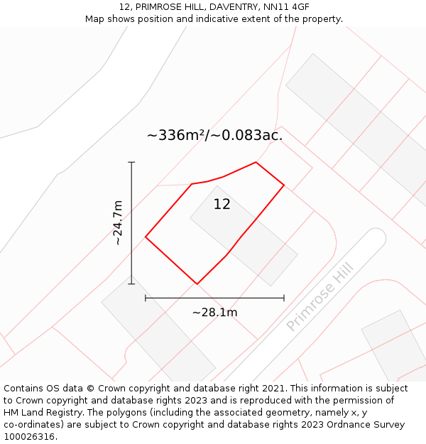 12, PRIMROSE HILL, DAVENTRY, NN11 4GF: Plot and title map