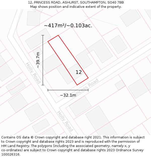 12, PRINCESS ROAD, ASHURST, SOUTHAMPTON, SO40 7BB: Plot and title map