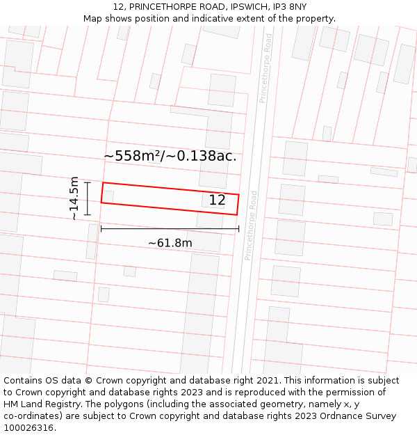 12, PRINCETHORPE ROAD, IPSWICH, IP3 8NY: Plot and title map