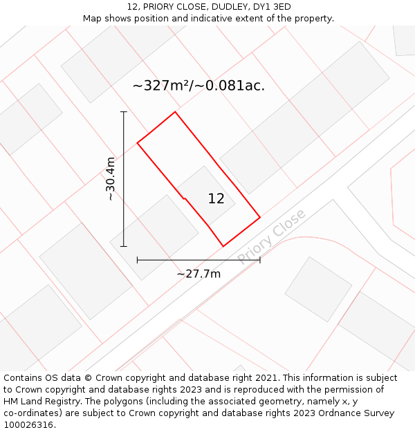 12, PRIORY CLOSE, DUDLEY, DY1 3ED: Plot and title map