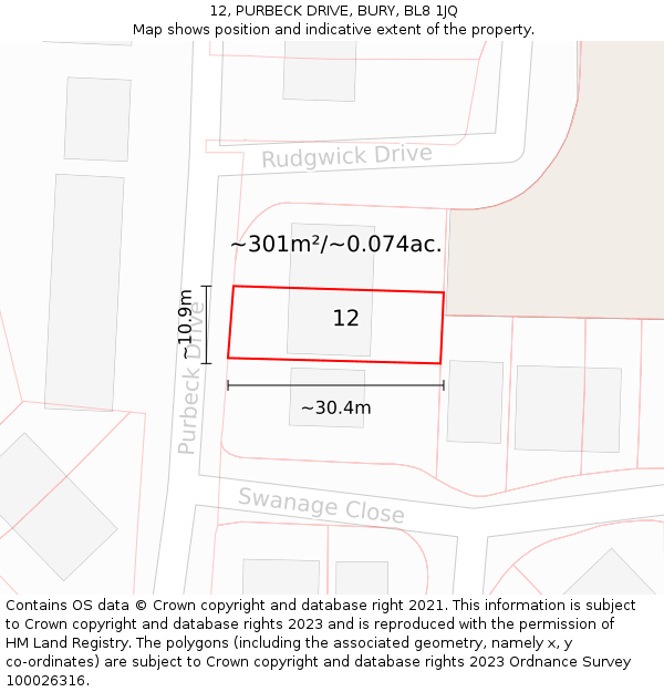 12, PURBECK DRIVE, BURY, BL8 1JQ: Plot and title map