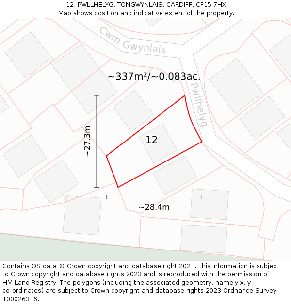 12, PWLLHELYG, TONGWYNLAIS, CARDIFF, CF15 7HX: Plot and title map