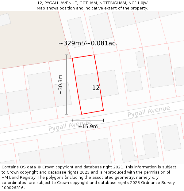 12, PYGALL AVENUE, GOTHAM, NOTTINGHAM, NG11 0JW: Plot and title map