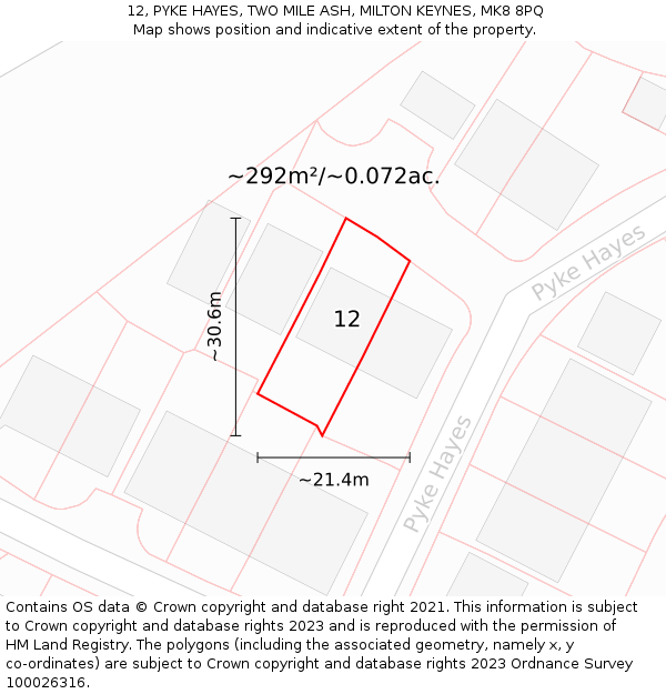 12, PYKE HAYES, TWO MILE ASH, MILTON KEYNES, MK8 8PQ: Plot and title map