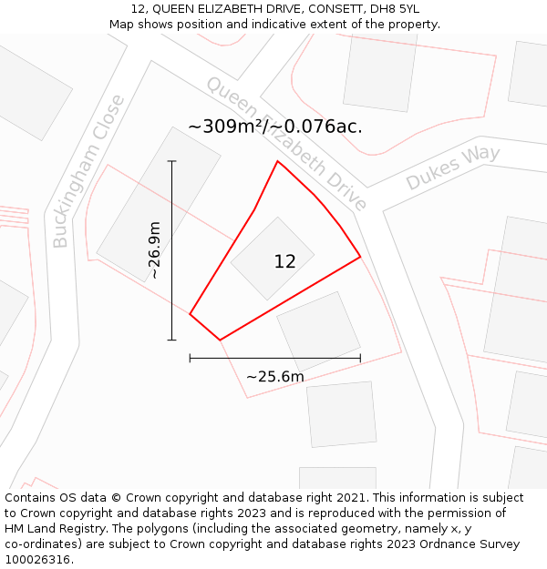 12, QUEEN ELIZABETH DRIVE, CONSETT, DH8 5YL: Plot and title map