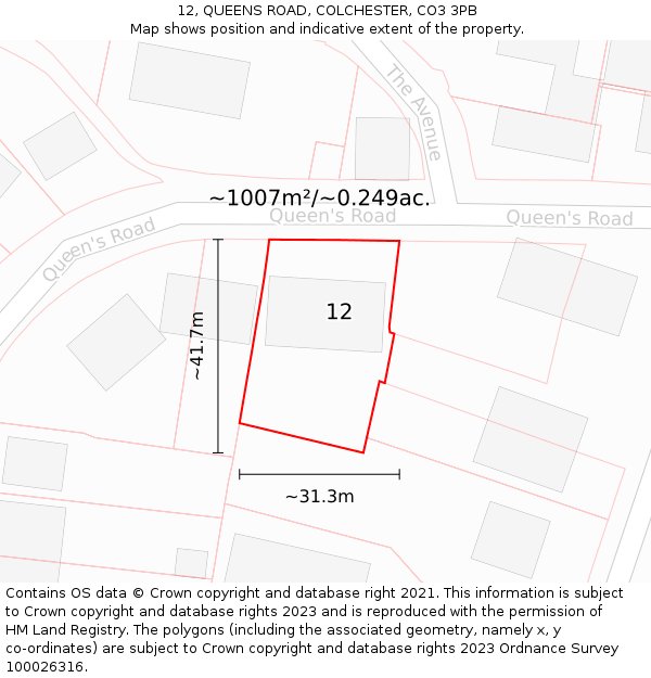 12, QUEENS ROAD, COLCHESTER, CO3 3PB: Plot and title map