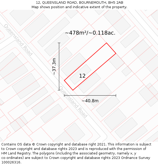 12, QUEENSLAND ROAD, BOURNEMOUTH, BH5 2AB: Plot and title map