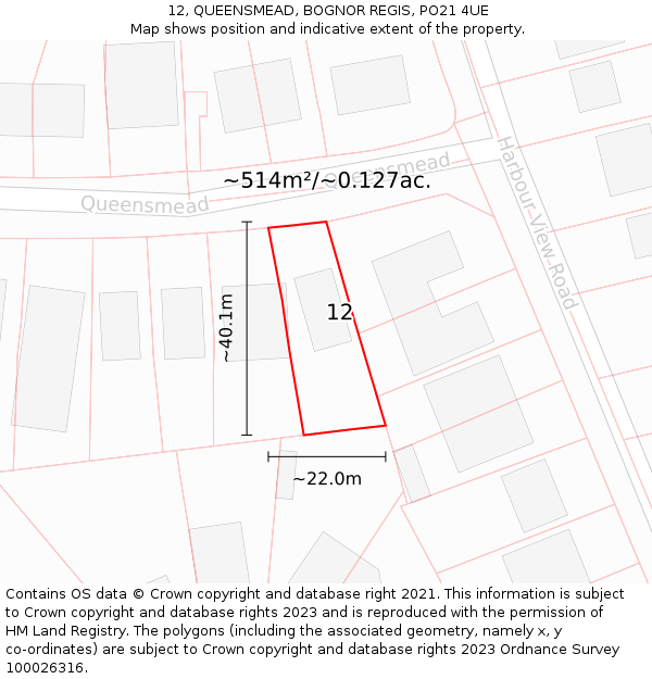 12, QUEENSMEAD, BOGNOR REGIS, PO21 4UE: Plot and title map