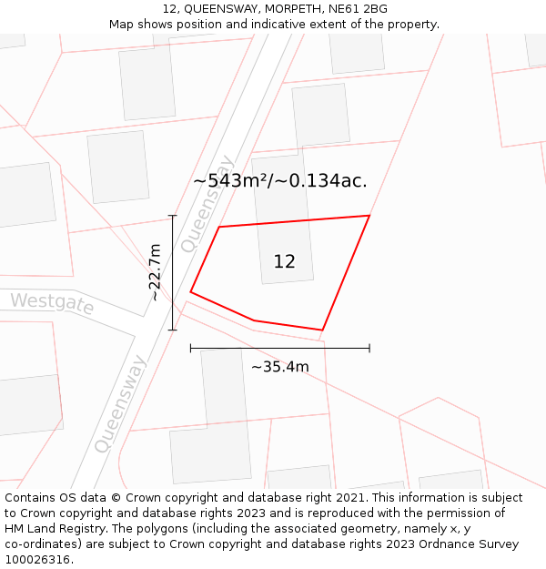 12, QUEENSWAY, MORPETH, NE61 2BG: Plot and title map