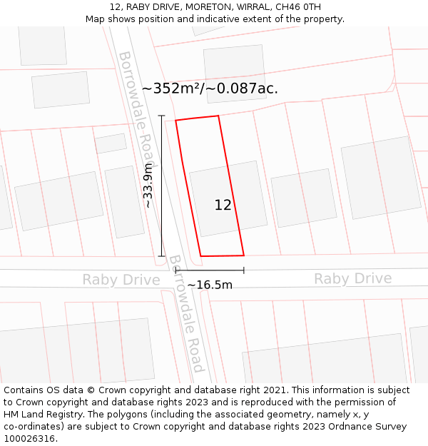 12, RABY DRIVE, MORETON, WIRRAL, CH46 0TH: Plot and title map