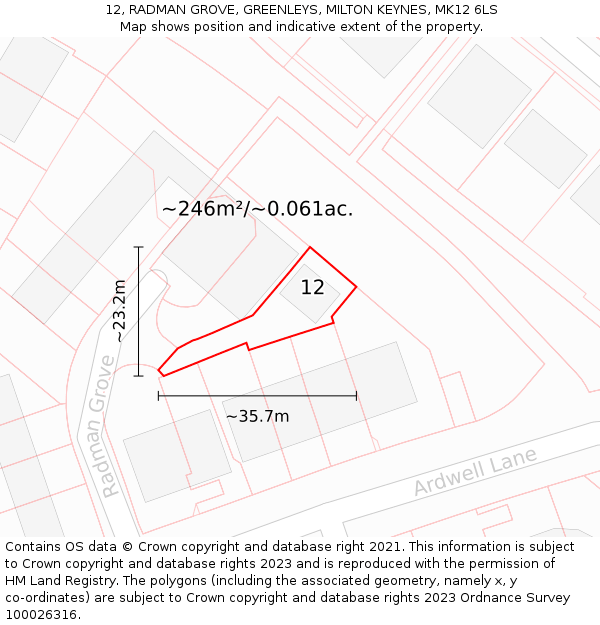 12, RADMAN GROVE, GREENLEYS, MILTON KEYNES, MK12 6LS: Plot and title map