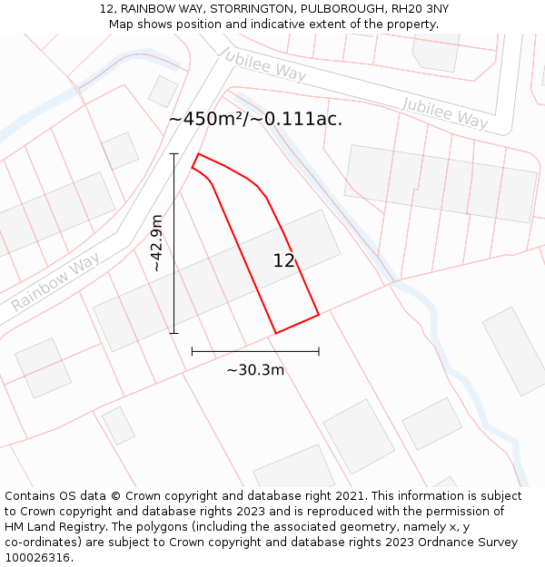 12, RAINBOW WAY, STORRINGTON, PULBOROUGH, RH20 3NY: Plot and title map