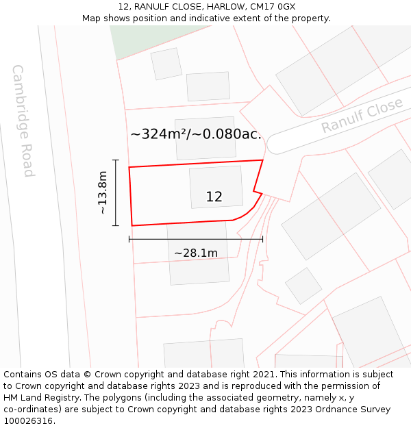 12, RANULF CLOSE, HARLOW, CM17 0GX: Plot and title map