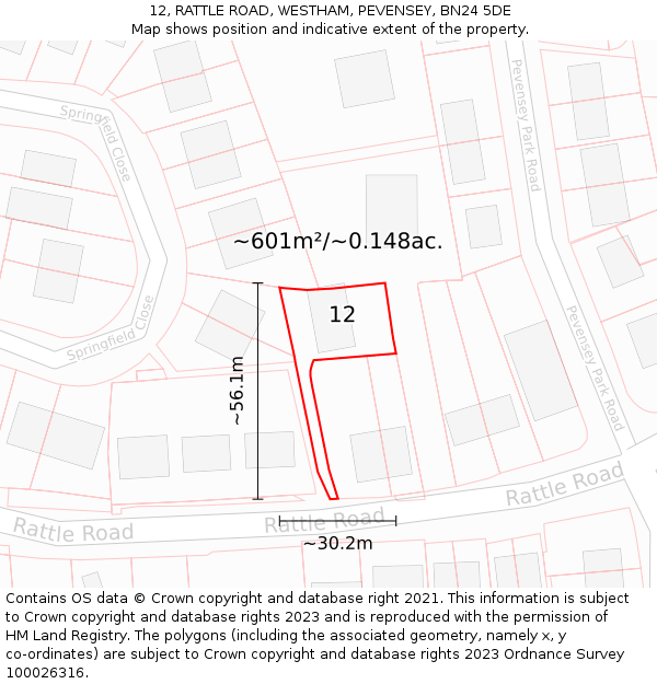 12, RATTLE ROAD, WESTHAM, PEVENSEY, BN24 5DE: Plot and title map