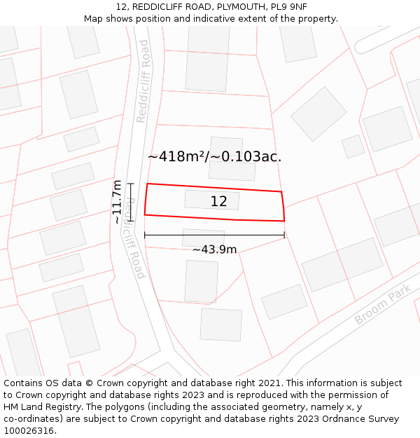 12, REDDICLIFF ROAD, PLYMOUTH, PL9 9NF: Plot and title map