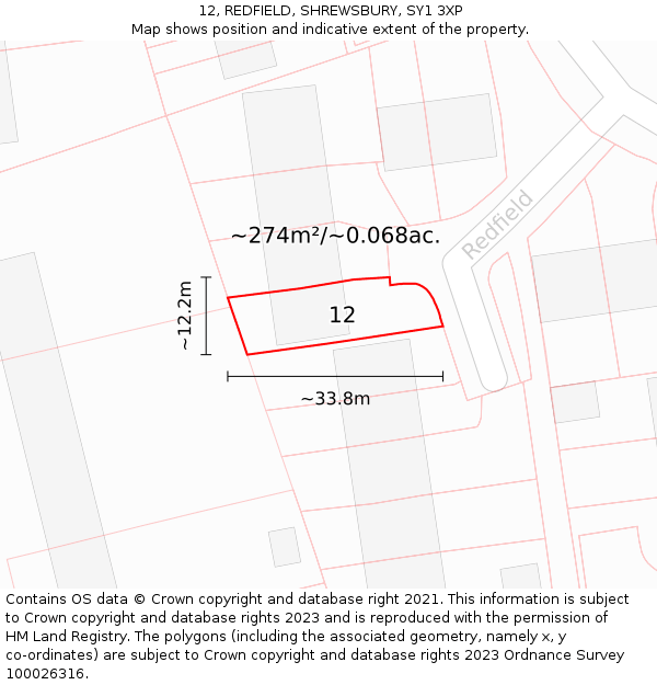 12, REDFIELD, SHREWSBURY, SY1 3XP: Plot and title map