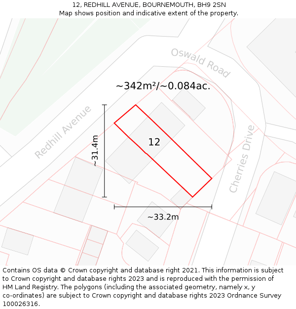 12, REDHILL AVENUE, BOURNEMOUTH, BH9 2SN: Plot and title map