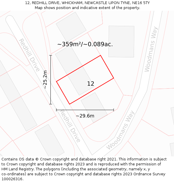 12, REDHILL DRIVE, WHICKHAM, NEWCASTLE UPON TYNE, NE16 5TY: Plot and title map