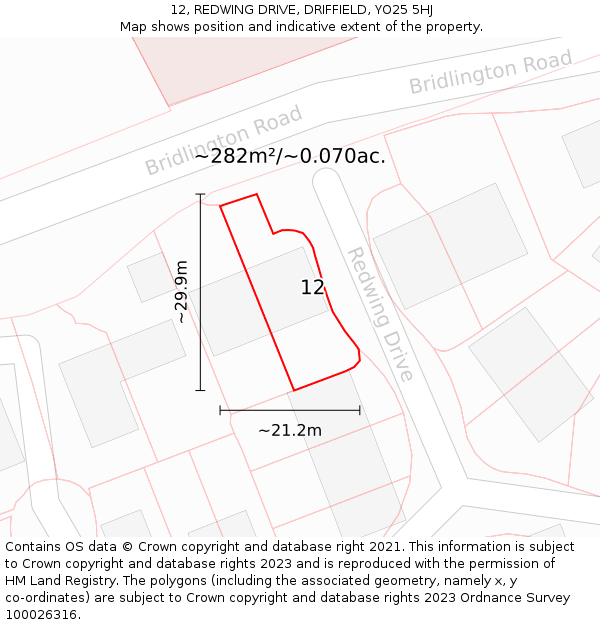 12, REDWING DRIVE, DRIFFIELD, YO25 5HJ: Plot and title map